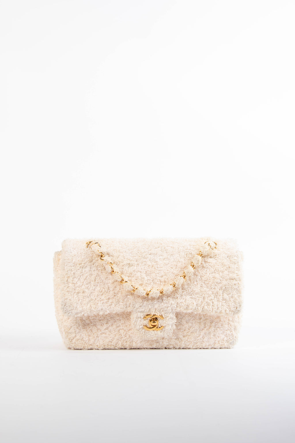 90s Chanel Cream Terry Cloth Medium Flap Shoulder Bag