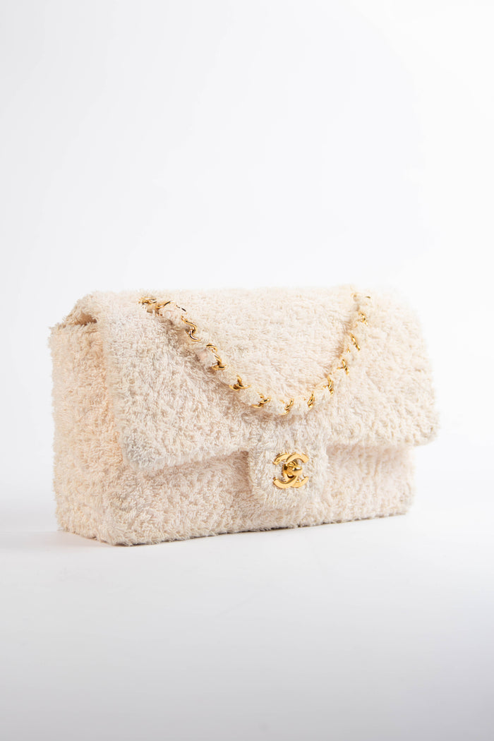 90s Chanel Cream Terry Cloth Medium Flap Shoulder Bag