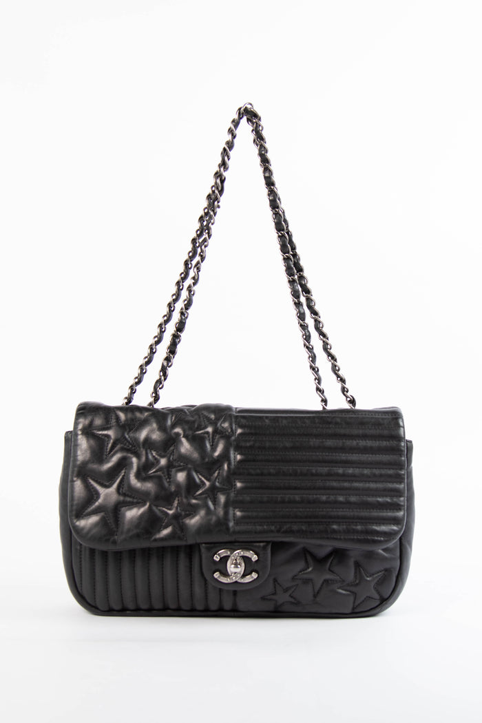 2014 Chanel Black Lambskin Stripes and Stars Single Flap Shoulder Bag