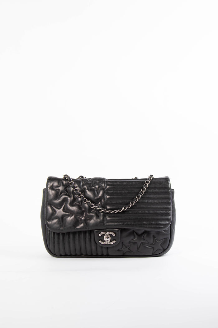 2014 Chanel Black Lambskin Stripes and Stars Single Flap Shoulder Bag