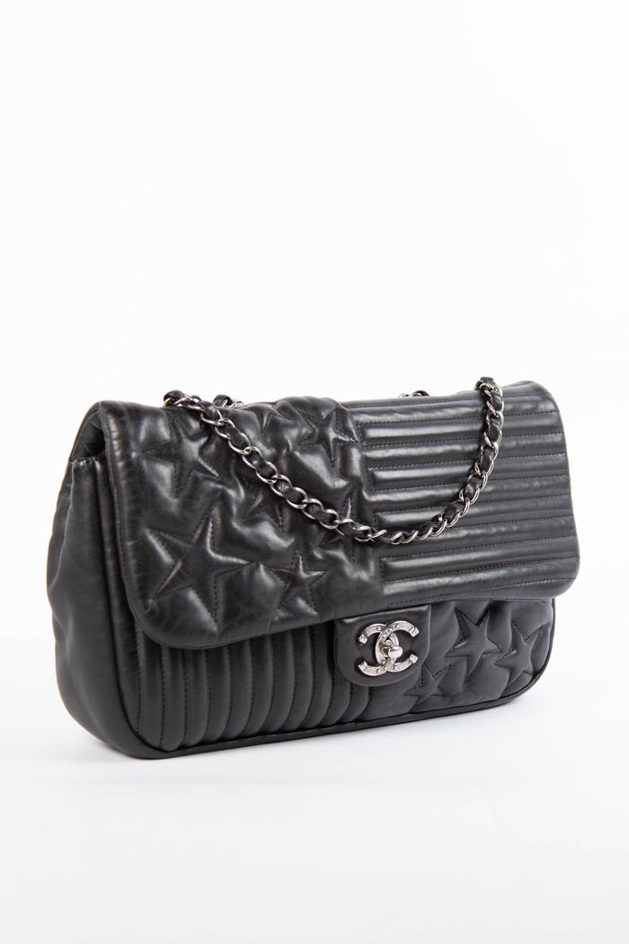 2014 Chanel Black Lambskin Stripes and Stars Single Flap Shoulder Bag