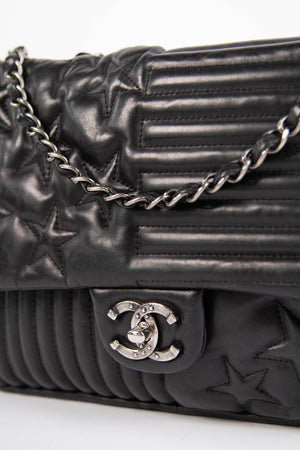 2014 Chanel Black Lambskin Stripes and Stars Single Flap Shoulder Bag