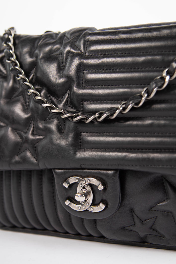 2014 Chanel Black Lambskin Stripes and Stars Single Flap Shoulder Bag