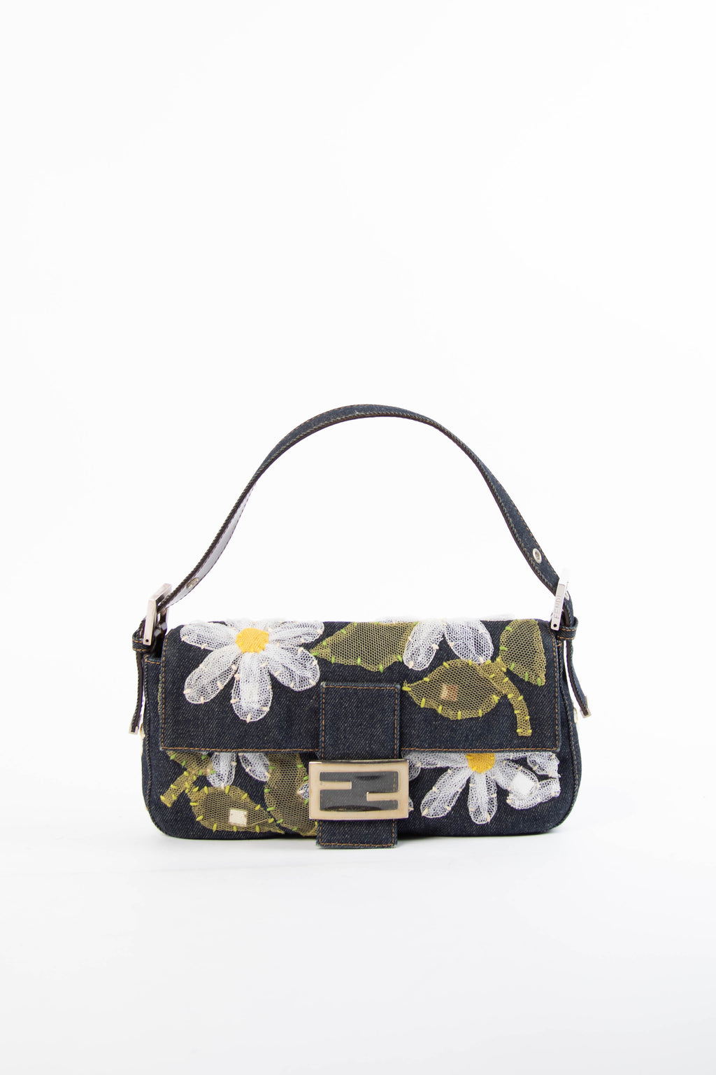 Vintage Fendi Denim Baguette with Mesh Flower Appliqué