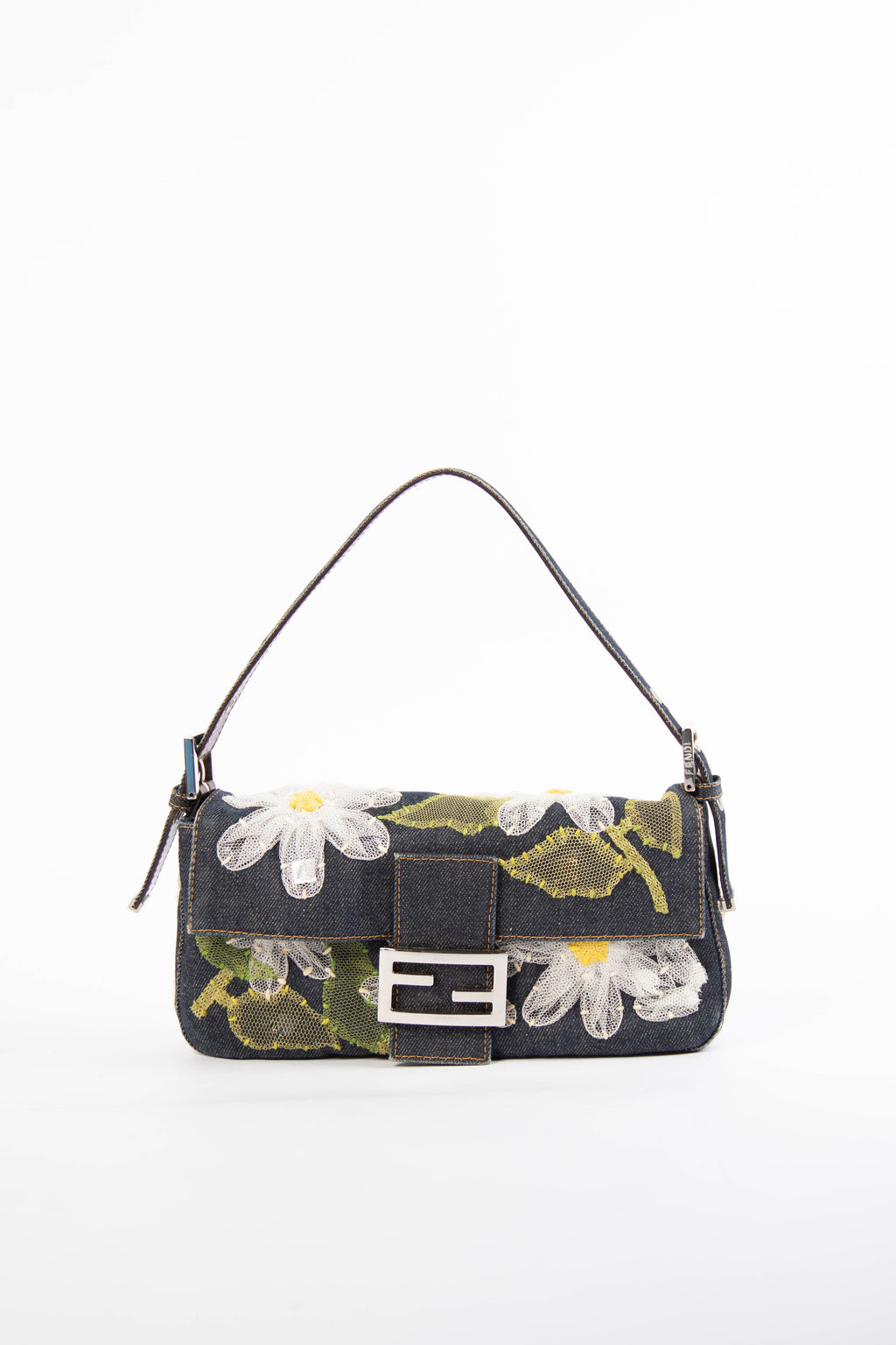 Vintage Fendi Denim Baguette with Mesh Flower Appliqué