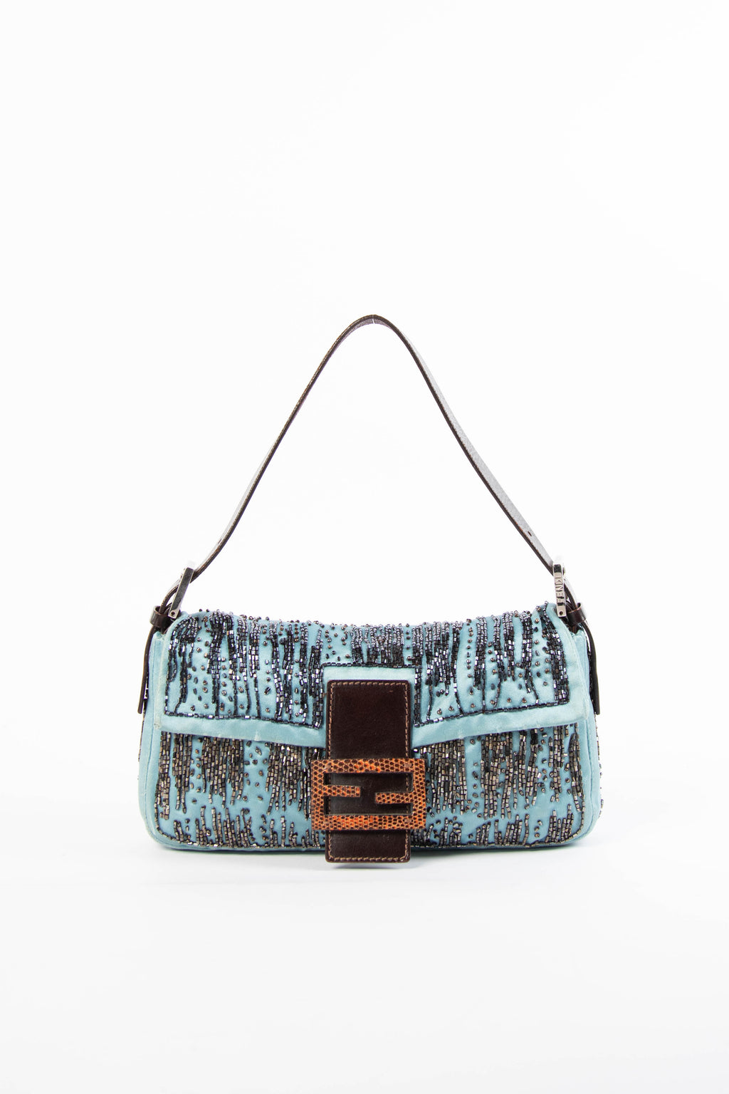 RARE Fendi Blue Satin Beaded Baguette Shoulder Bag