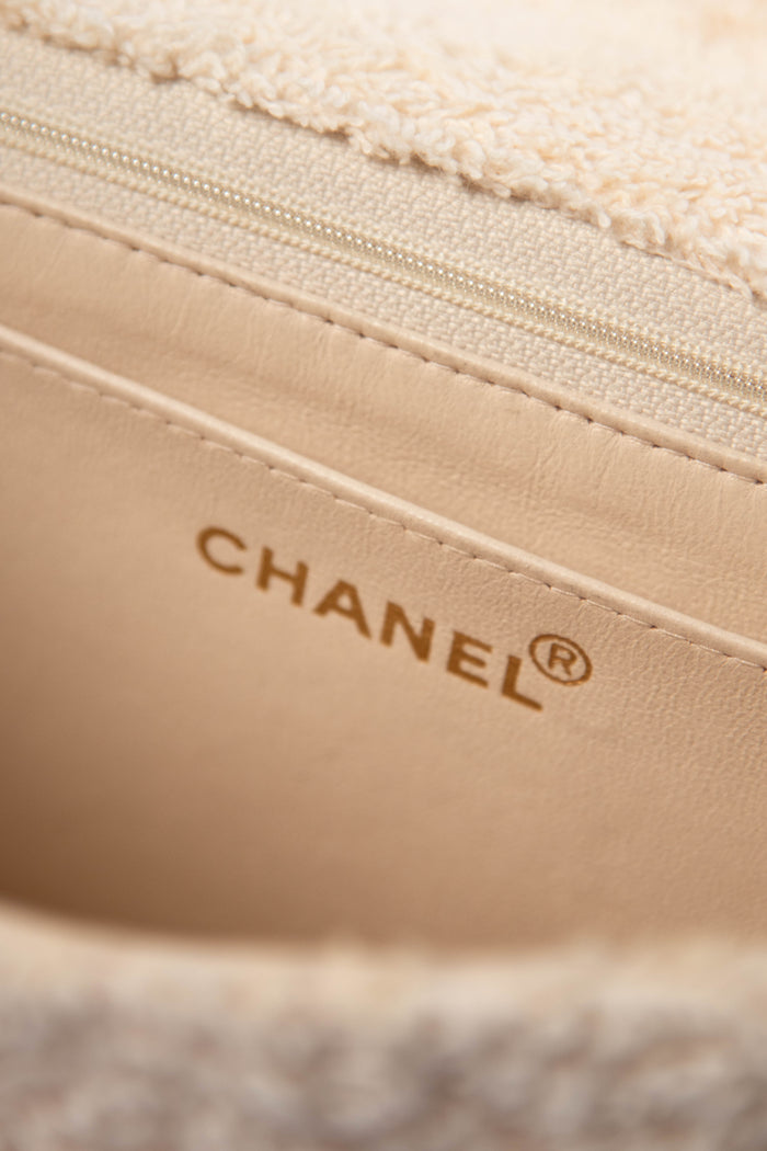 90s Chanel Cream Terry Cloth Medium Flap Shoulder Bag