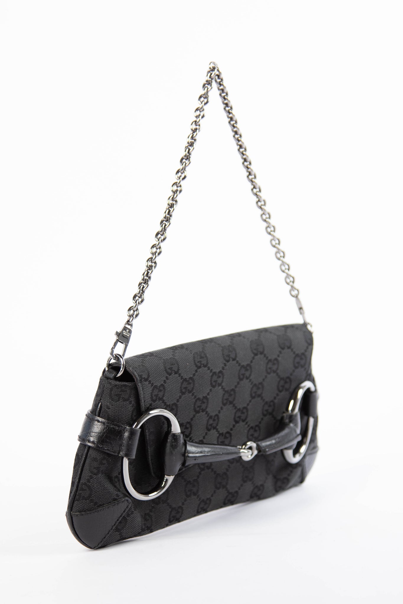 RARE Vintage Gucci Black GG Monogram Horsebit Shoulder Bag