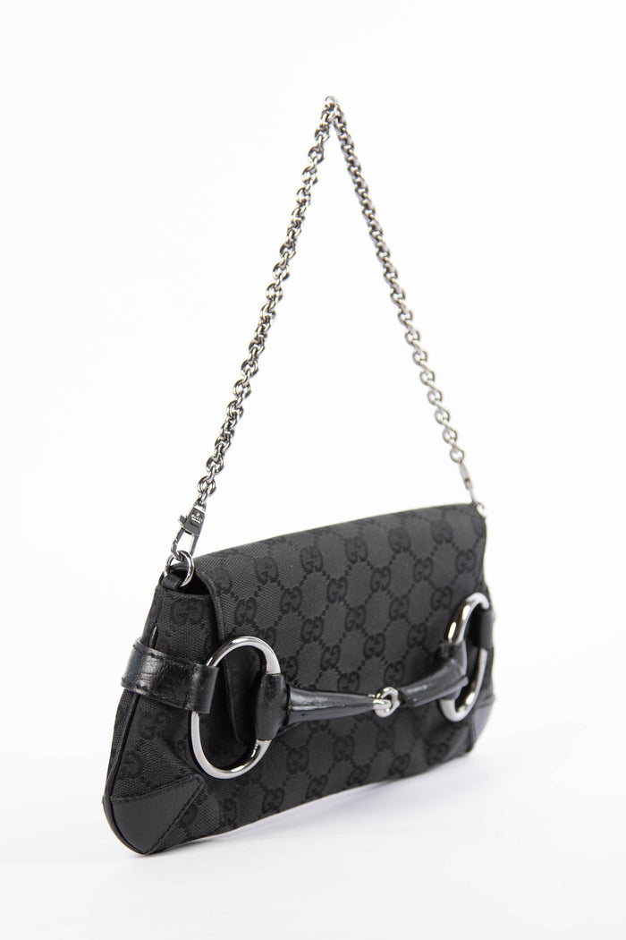 RARE Vintage Gucci Black GG Monogram Horsebit Shoulder Bag