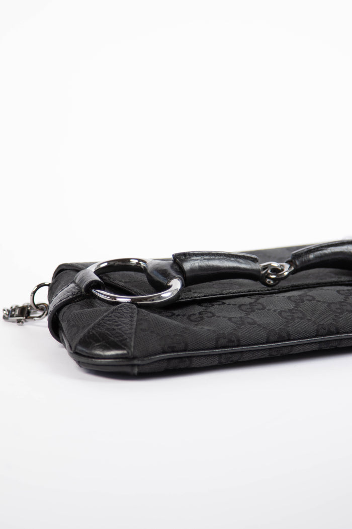 RARE Vintage Gucci Black GG Monogram Horsebit Shoulder Bag