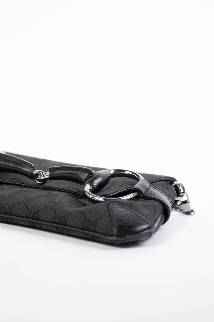 RARE Vintage Gucci Black GG Monogram Horsebit Shoulder Bag