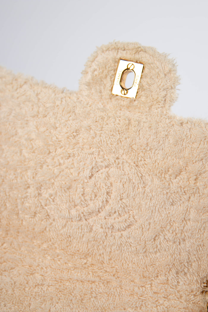 90s Chanel Cream Terry Cloth Medium Flap Shoulder Bag