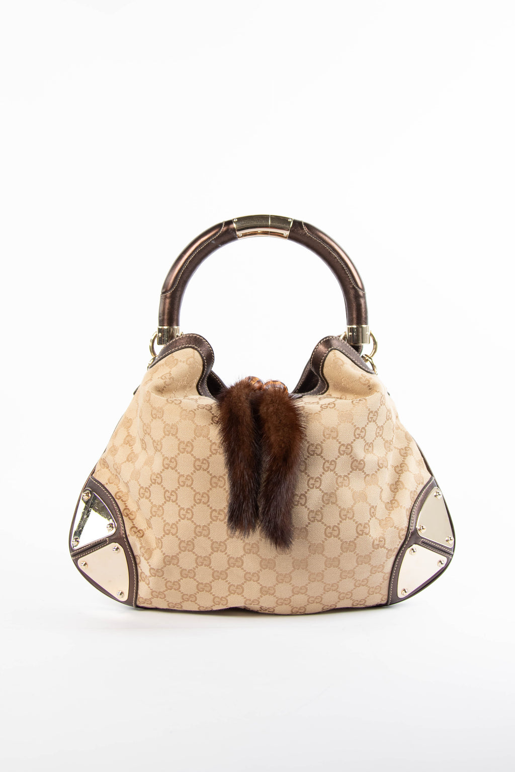 2000s Gucci Monogram Babouska Indy Mink Tassel Shoulder Bag
