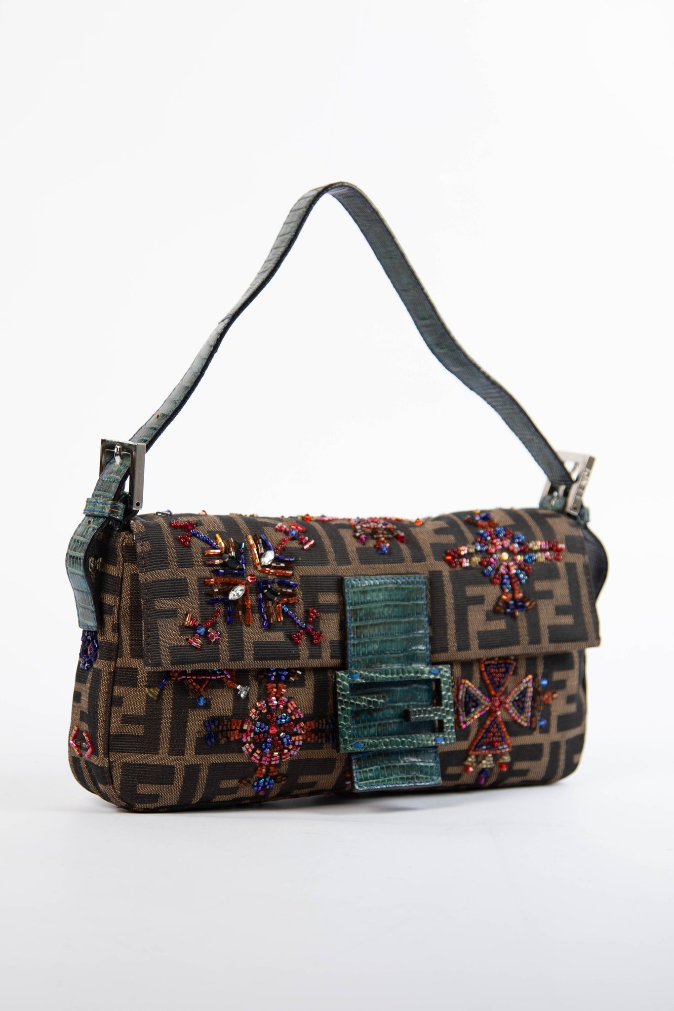 90s Fendi Zucca Beaded Baguette Shoulder Bag