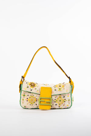RARE Vintage Fendi Embroidered and Pony Hair Baguette Shoulder Bag