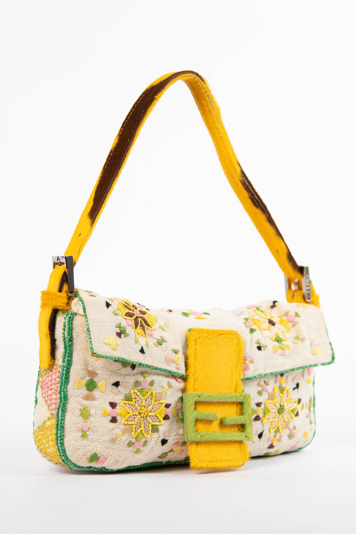 RARE Vintage Fendi Embroidered and Pony Hair Baguette Shoulder Bag