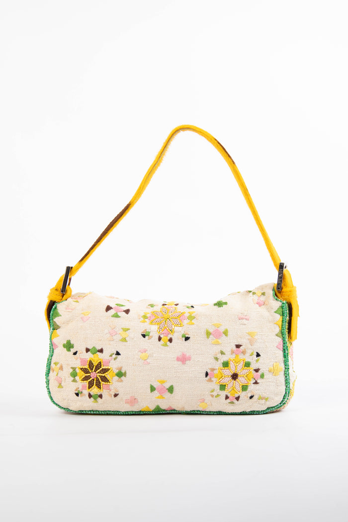 RARE Vintage Fendi Embroidered and Pony Hair Baguette Shoulder Bag