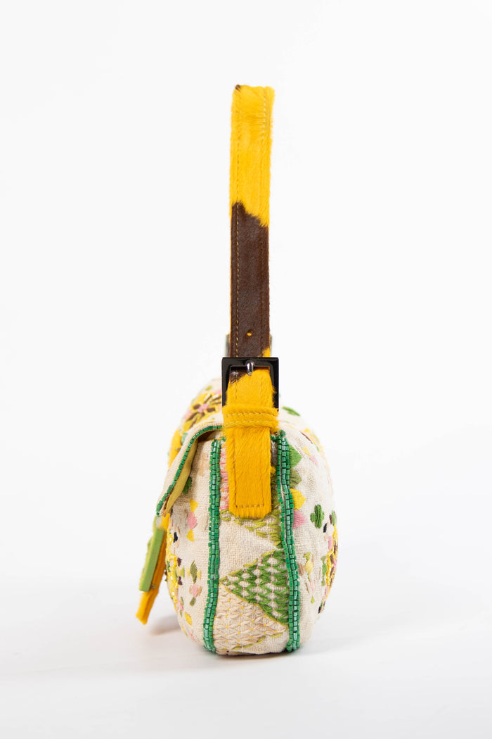 RARE Vintage Fendi Embroidered and Pony Hair Baguette Shoulder Bag