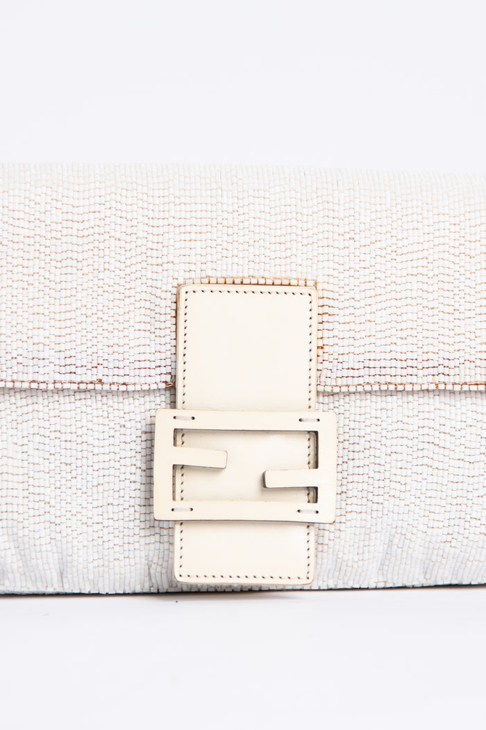 Vintage Fendi White Beaded Baguette Shoulder Bag