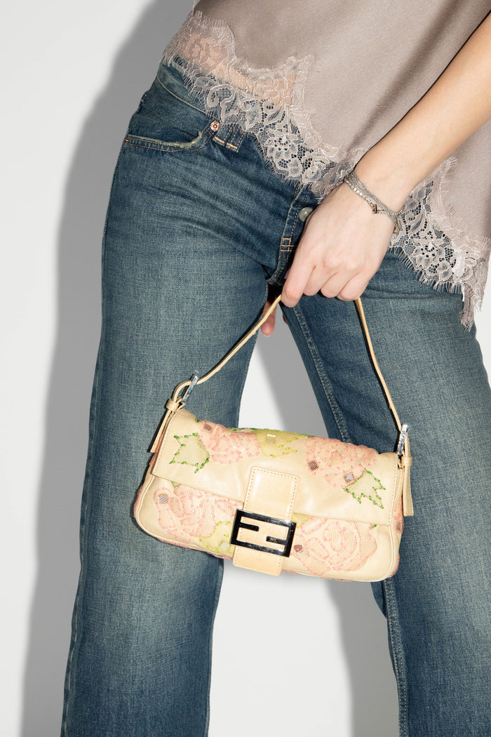 Vintage Fendi Lambskin Baguette with Mesh Flower Appliqué
