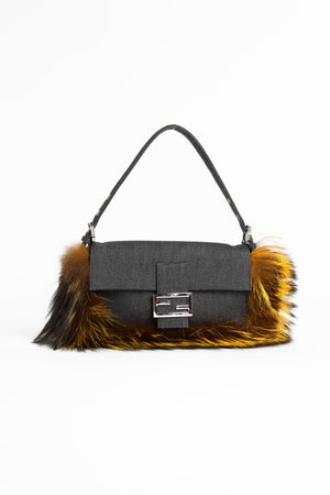 SUPER RARE Fendi Denim Fur Baguette Shoulder Bag
