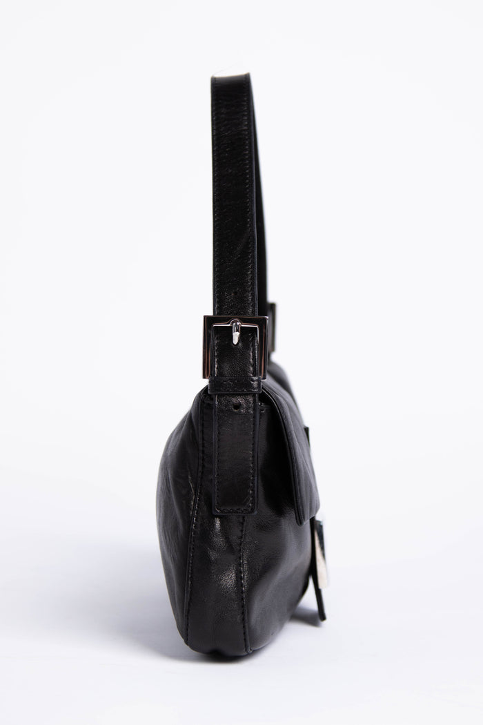 Vintage Fendi Black Lambskin Leather Baguette Shoulder Bag