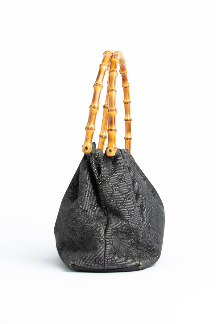 Vintage Gucci Black GG Monogram Bamboo Top Handle Bag
