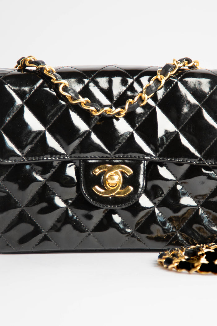 RARE 90s Chanel Patent Black Mini Square Flap Bag GWH