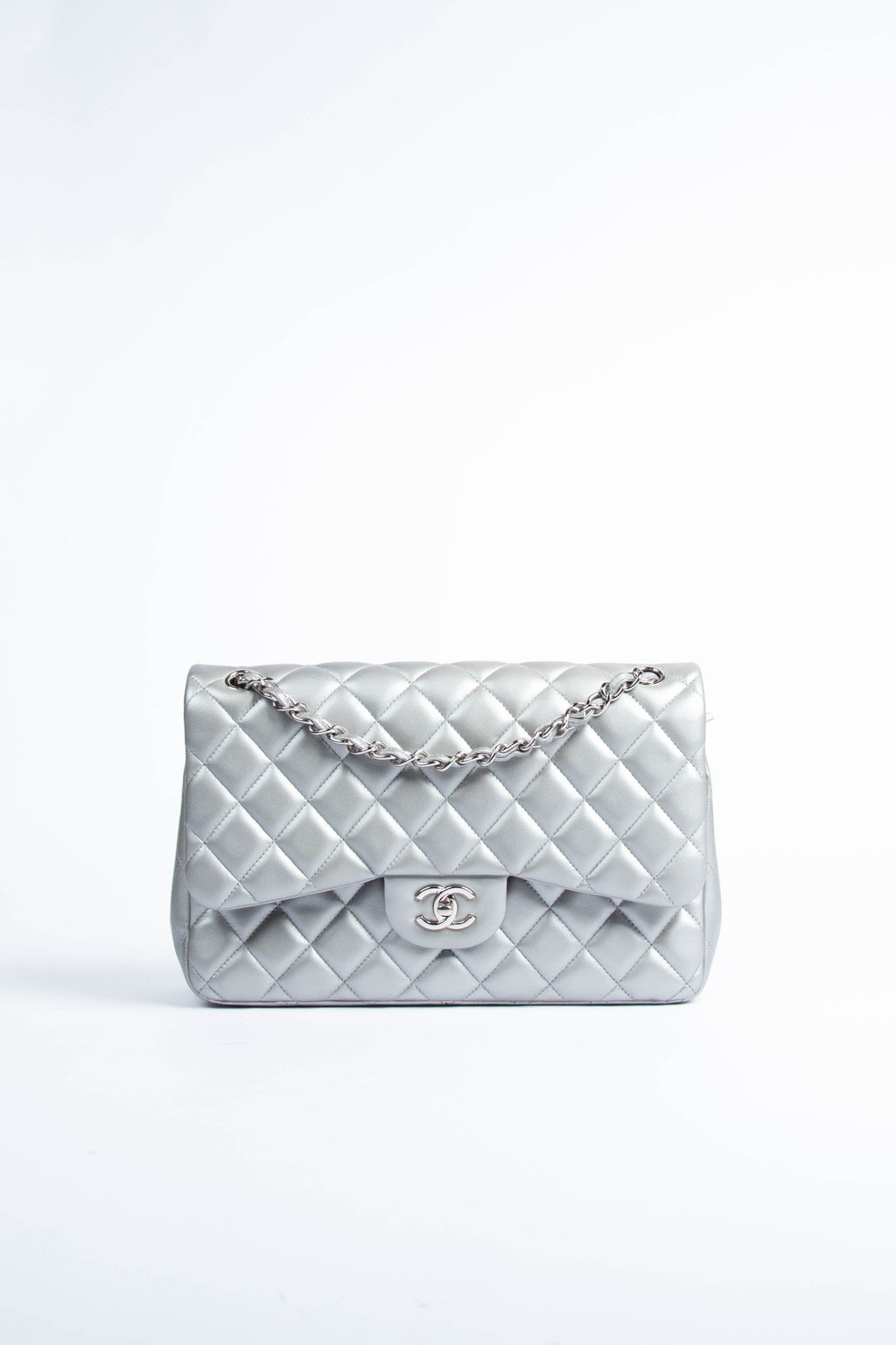 2010s Chanel Silver Lambskin Jumbo Double Flap Shoulder Bag