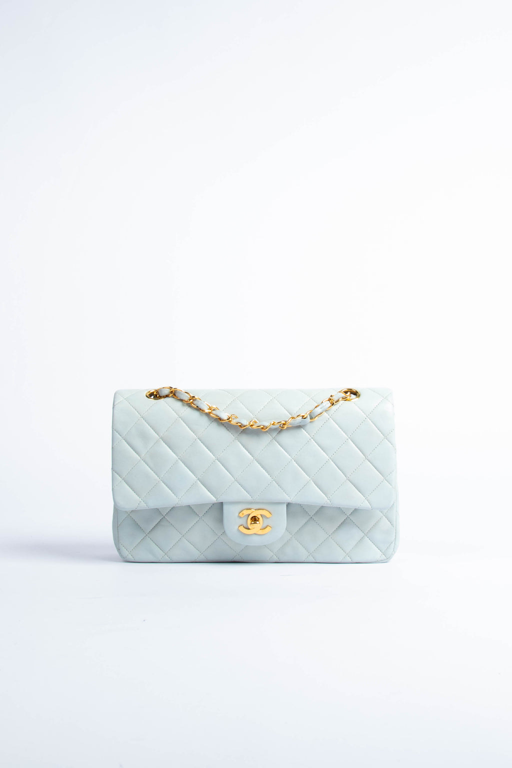 90s Chanel Powder Blue Lambskin Medium Double Flap Shoulder Bag 24k GHW