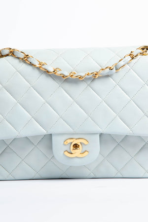 90s Chanel Powder Blue Lambskin Medium Double Flap Shoulder Bag 24k GHW