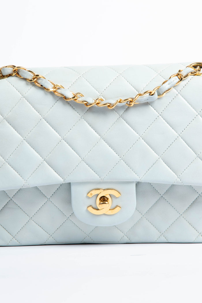 90s Chanel Powder Blue Lambskin Medium Double Flap Shoulder Bag 24k GHW