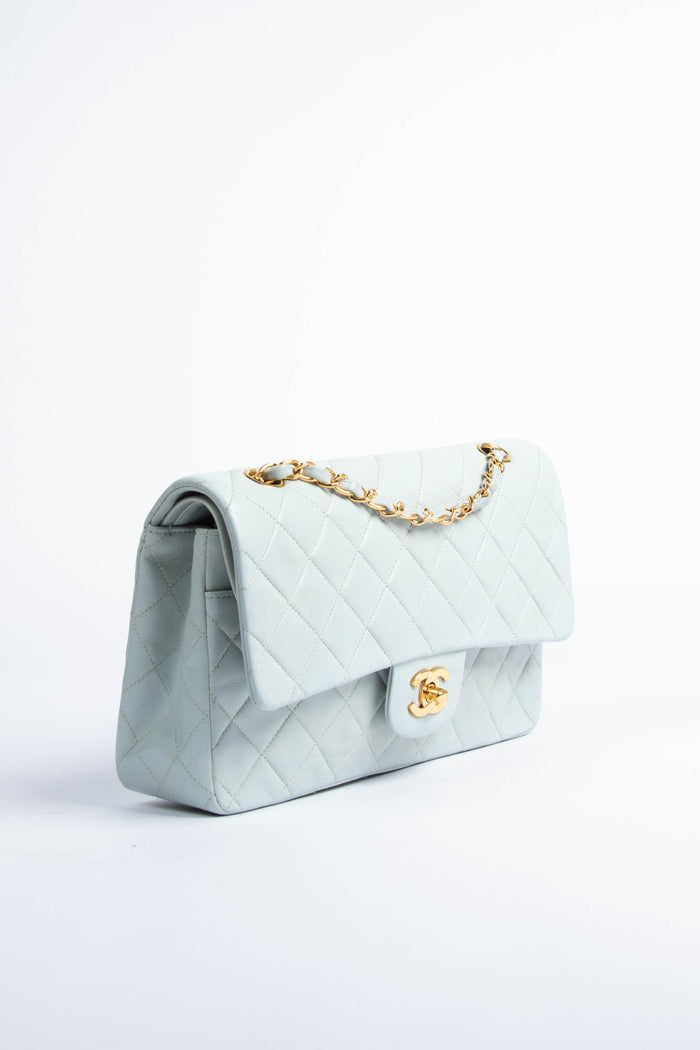 90s Chanel Powder Blue Lambskin Medium Double Flap Shoulder Bag 24k GHW