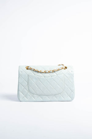 90s Chanel Powder Blue Lambskin Medium Double Flap Shoulder Bag 24k GHW