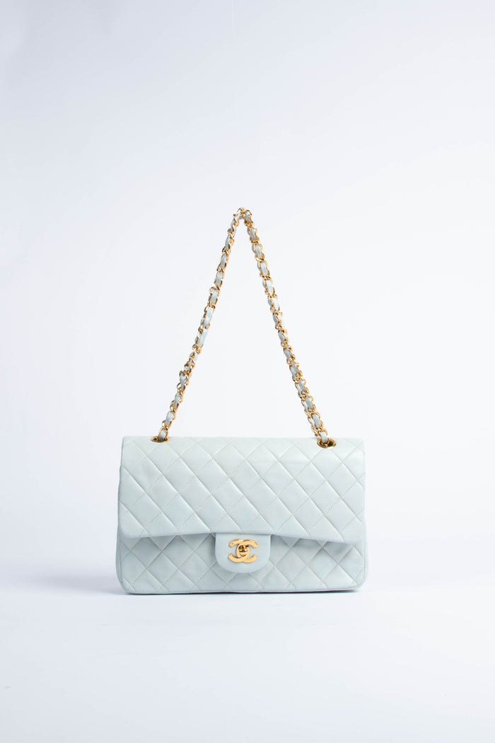 90s Chanel Powder Blue Lambskin Medium Double Flap Shoulder Bag 24k GHW