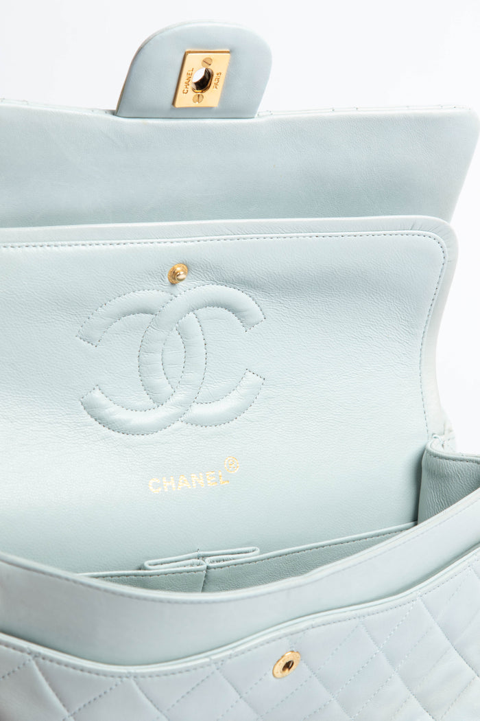 90s Chanel Powder Blue Lambskin Medium Double Flap Shoulder Bag 24k GHW