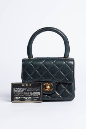 90s Chanel Deep Green Lambskin Leather Mini Top Handle with 24k GHW