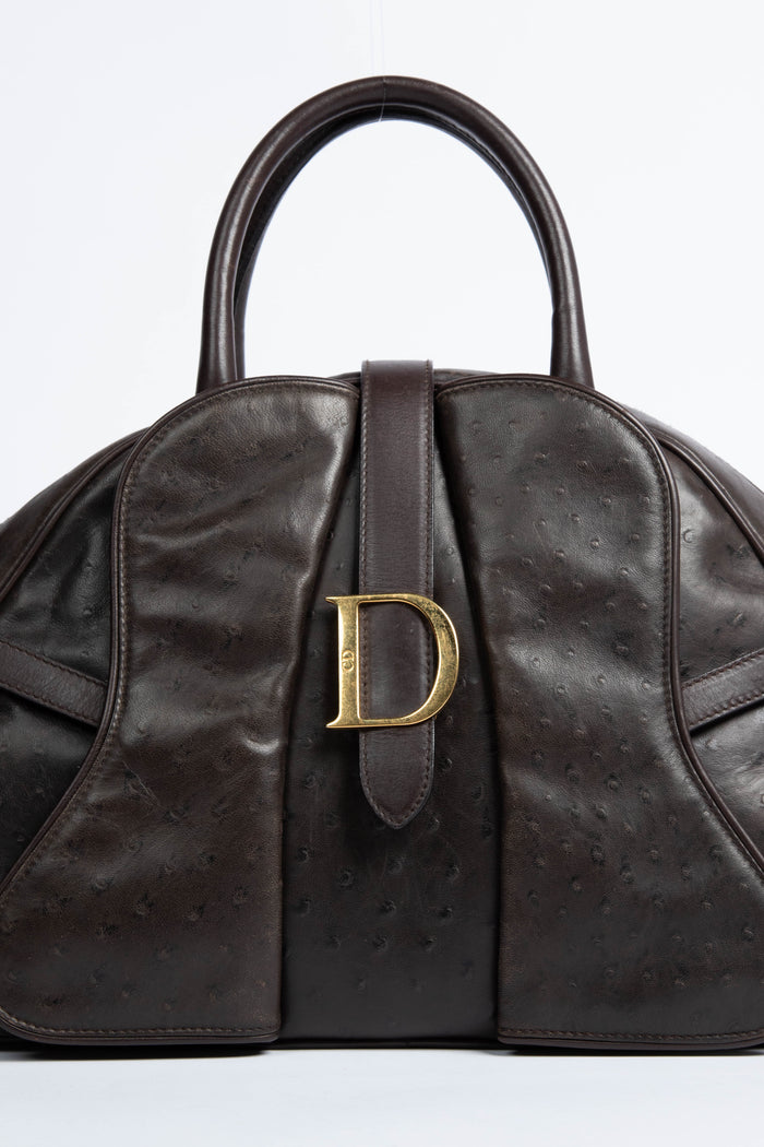 Vintage Christian Dior Brown Ostrich Double Bowling Bag