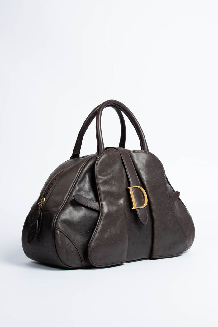 Vintage Christian Dior Brown Ostrich Double Bowling Bag