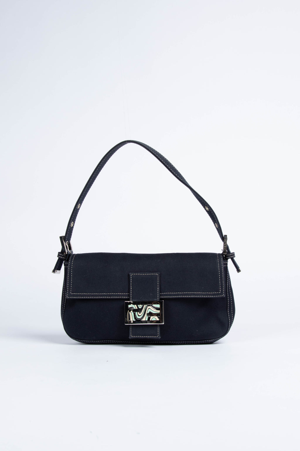 Vintage Fendi Navy Canvas Baguette Shoulder Bag