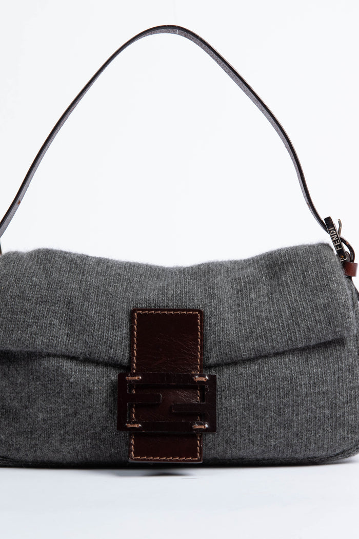 Vintage Fendi Grey Cashmere Baguette Shoulder Bag