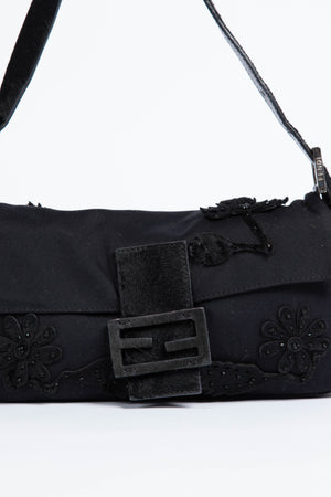 Vintage Fendi Black Embroidered Neoprene Baguette Shoulder Bag