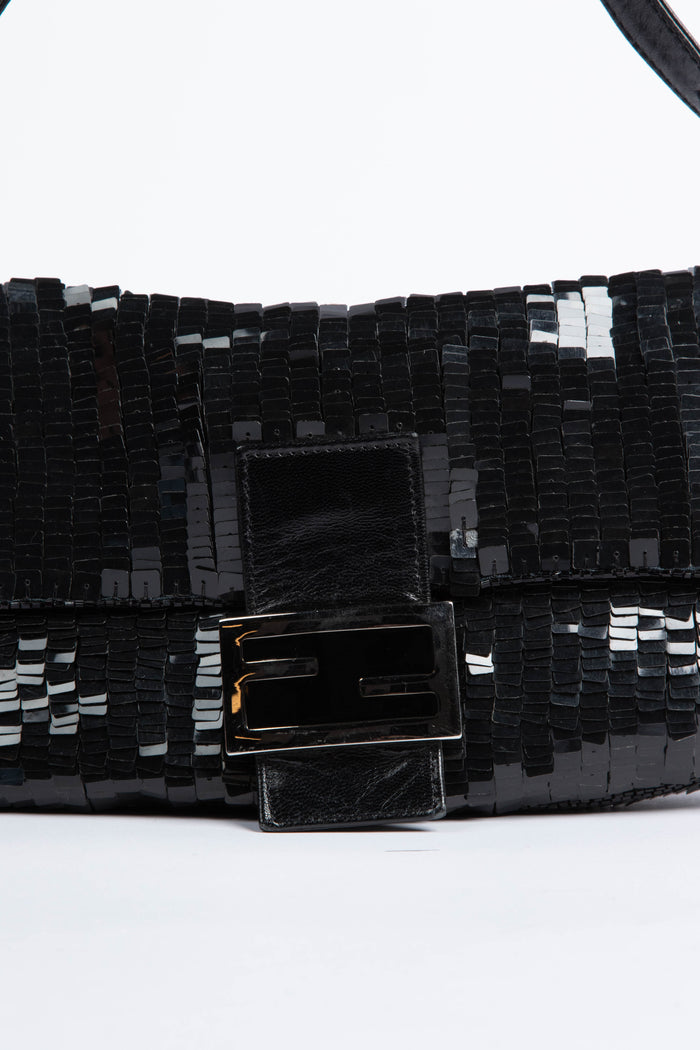 RARE Fendi Black Sequin Baguette Shoulder Bag