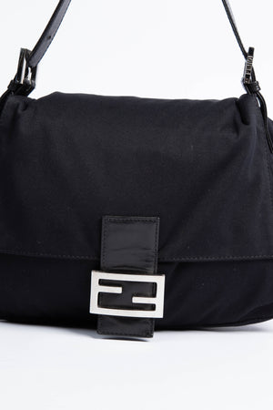 Vintage Fendi Black Neoprene Mamma Baguette Shoulder Bag