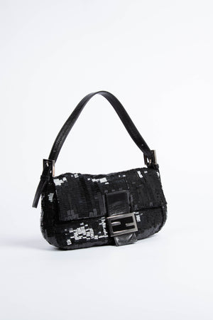 RARE Fendi Black Sequin Baguette Shoulder Bag