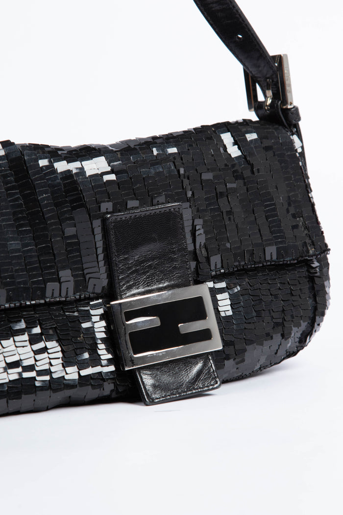 RARE Fendi Black Sequin Baguette Shoulder Bag