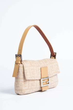 Vintage Fendi Beige Zucca Cashmere Baguette Shoulder Bag