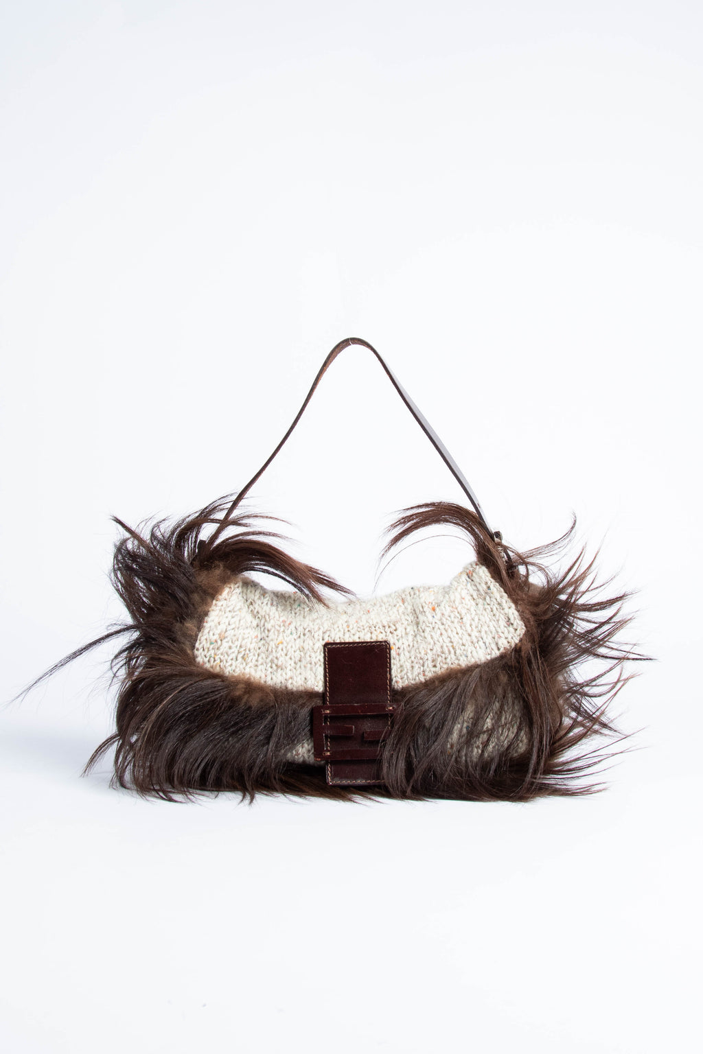 RARE Fendi Knitted & Fur Baguette Shoulder Bag