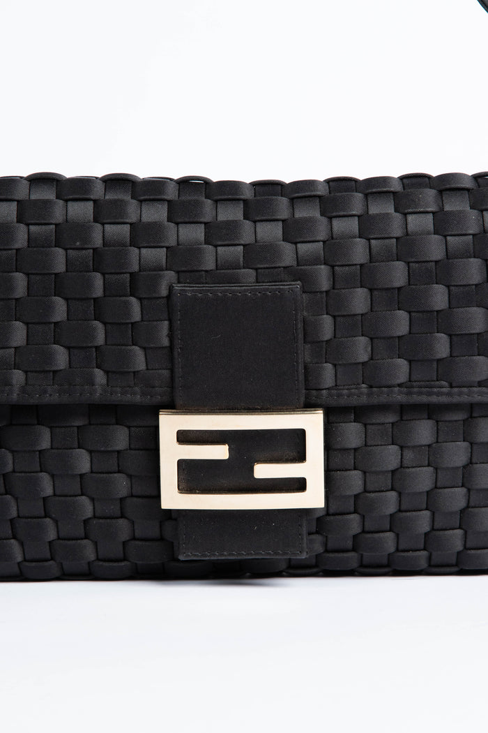 Vintage Fendi Black Woven Baguette Shoulder Bag