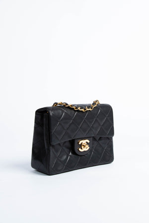 90s Chanel Black Lambskin Mini Square Bag with 24K GHW